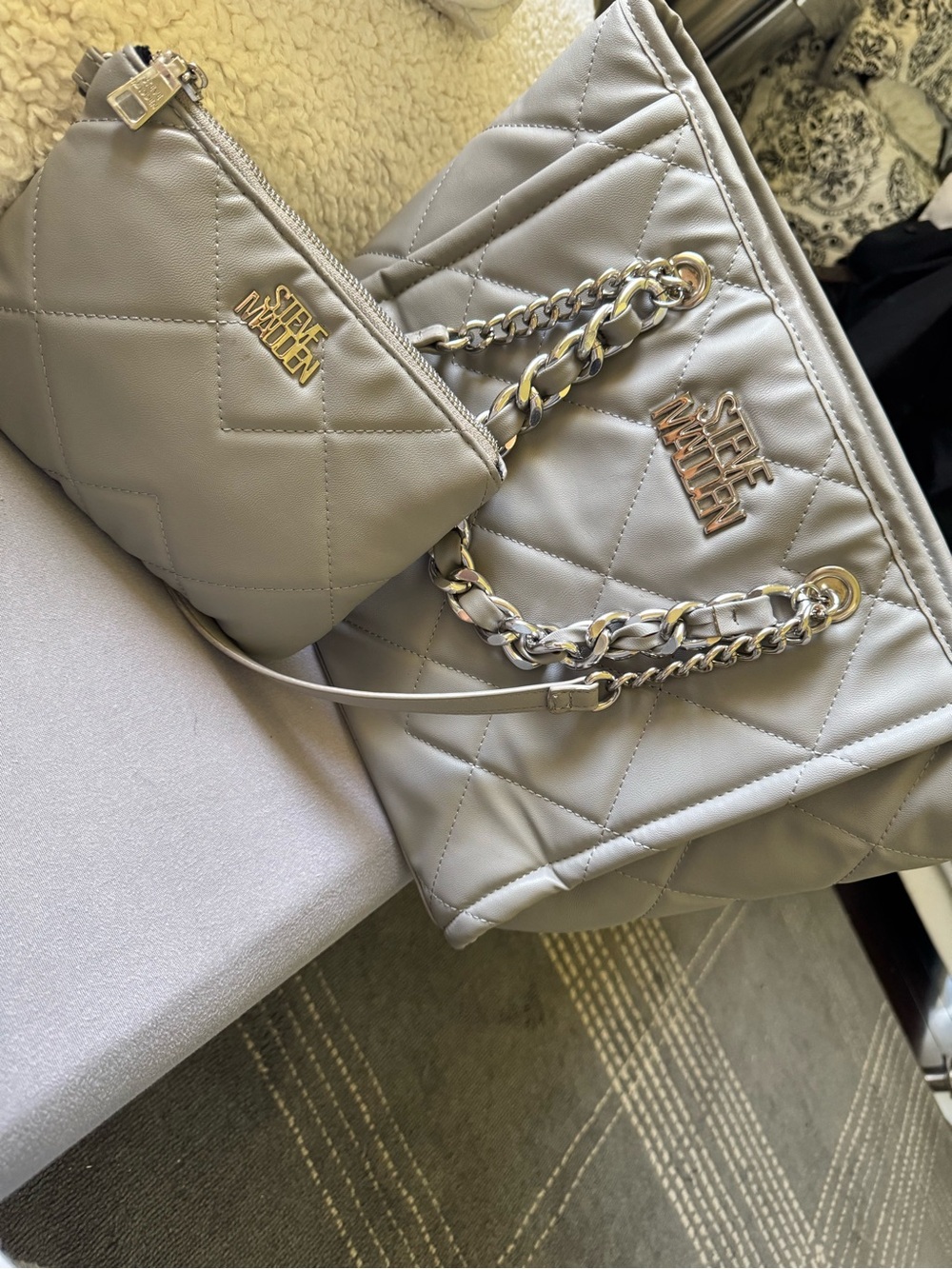 Steve Madden Quilted Tote and Matching Pouch in Light Gray with Gold Hardware